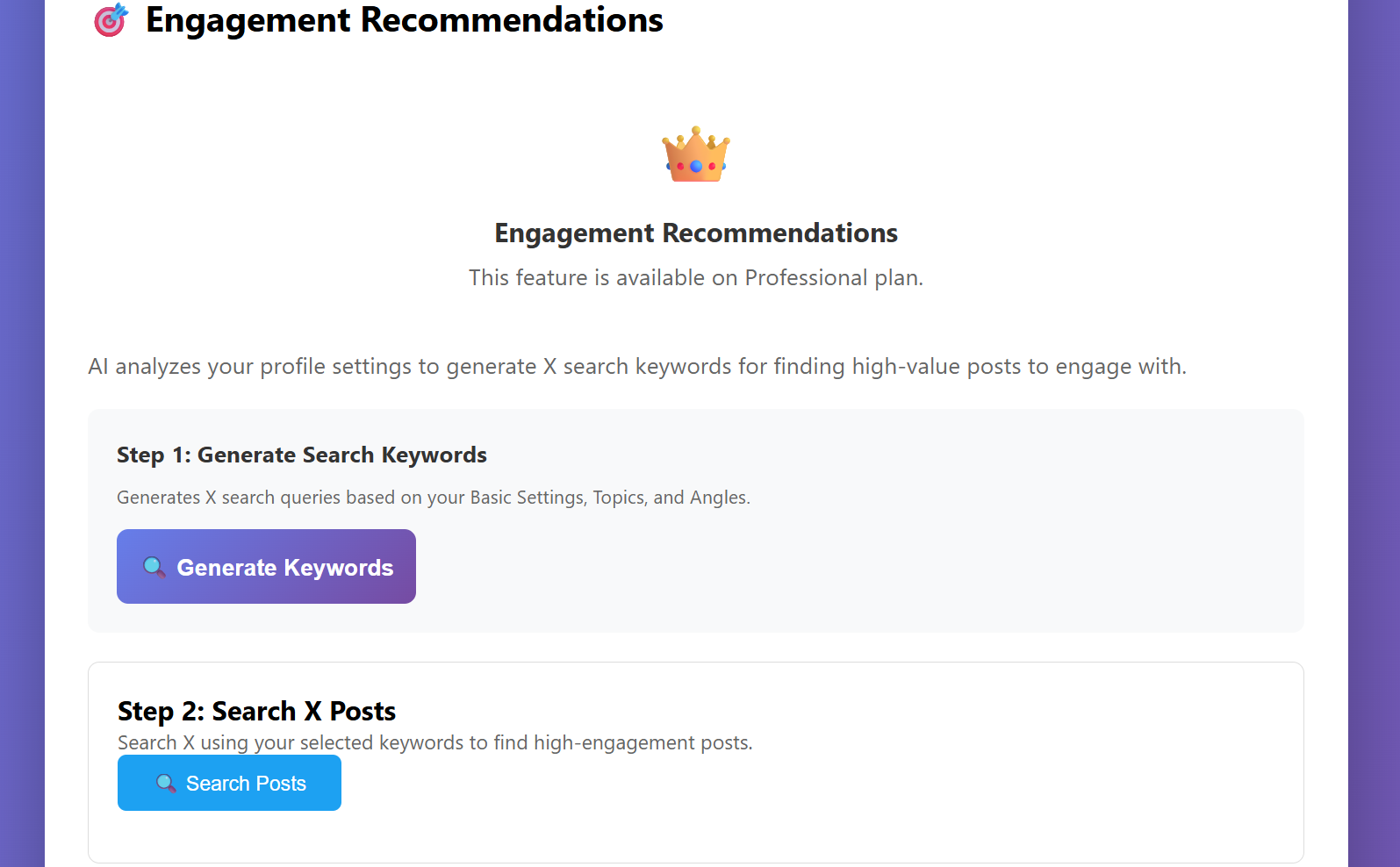 Engagement tab with keyword generation and search results