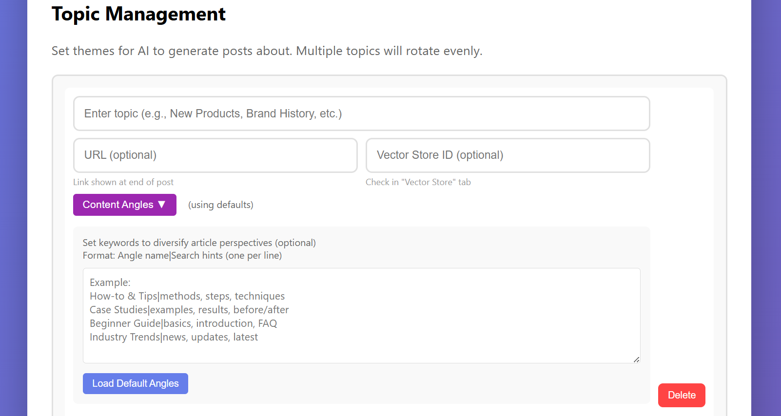 Topics tab with angles and settings