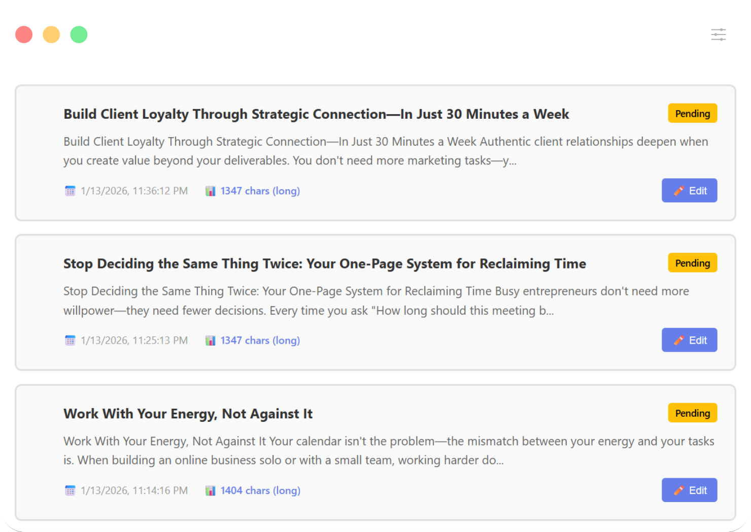 PostFlow-AI Dashboard - AI-generated posts ready to publish