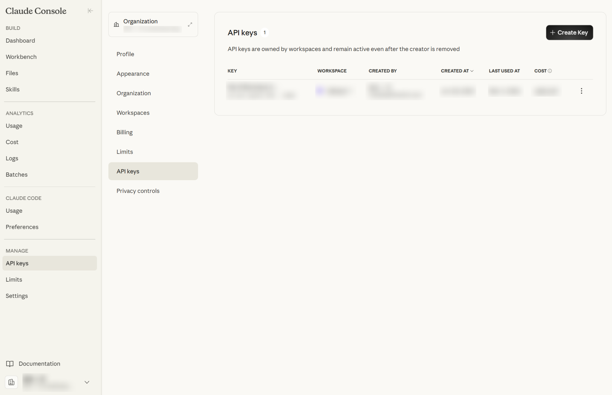 Anthropic API Keys page