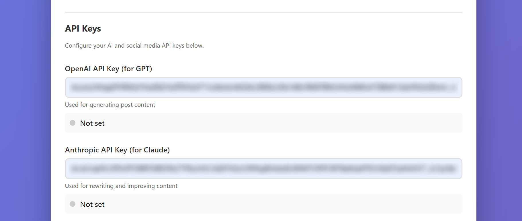 API Settings with keys filled in