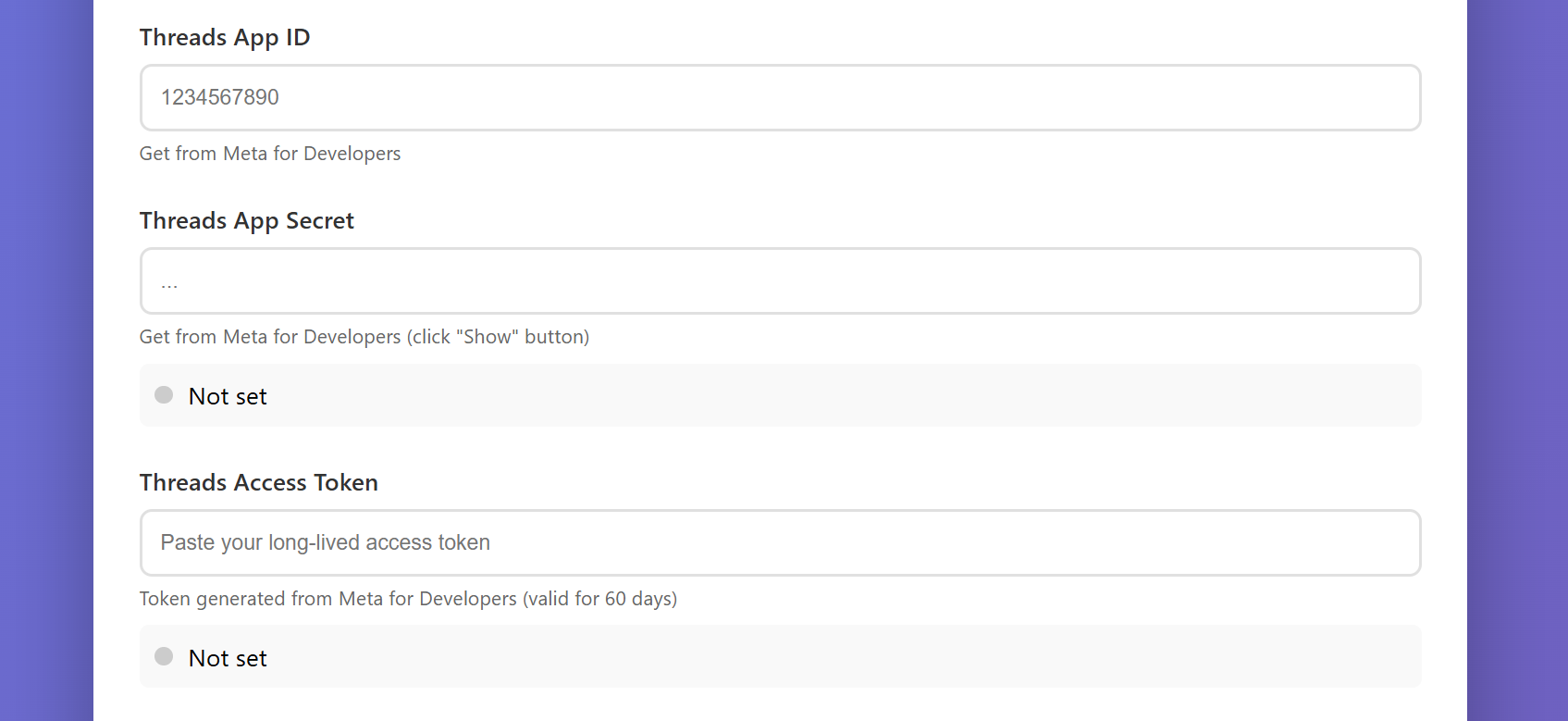 API Settings social media connections