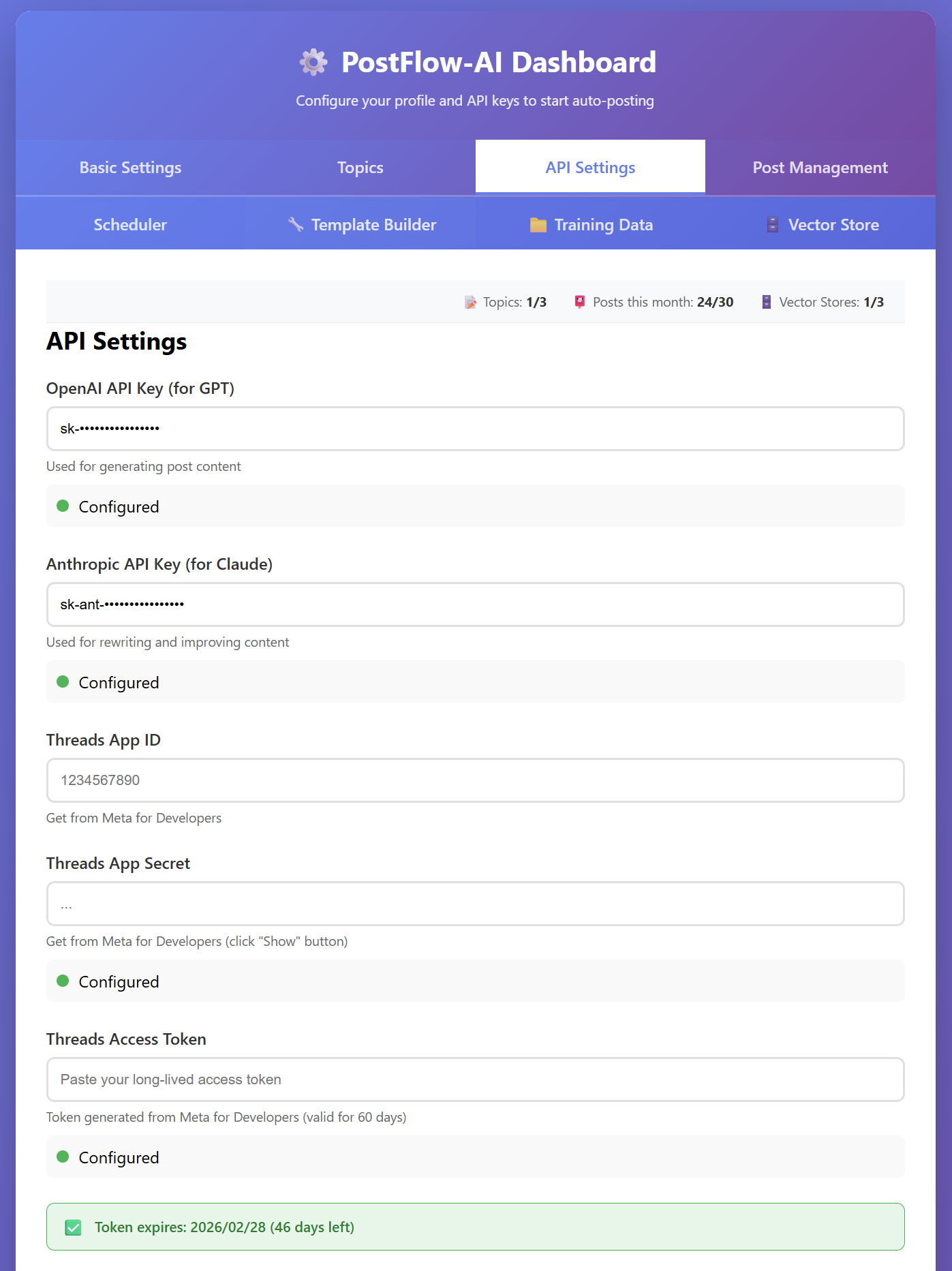 API Settings tab showing configured API keys
