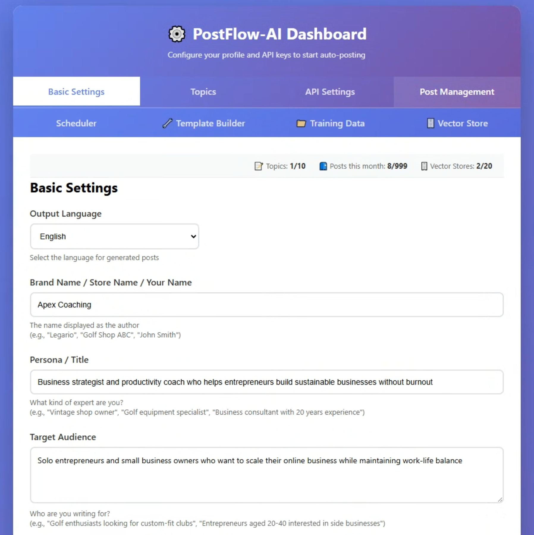 Basic Settings: Language, Brand Name, Persona, Target Audience