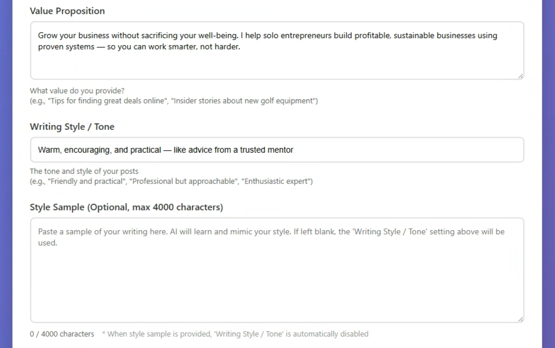 Basic Settings: Value Proposition, Writing Style, Style Sample