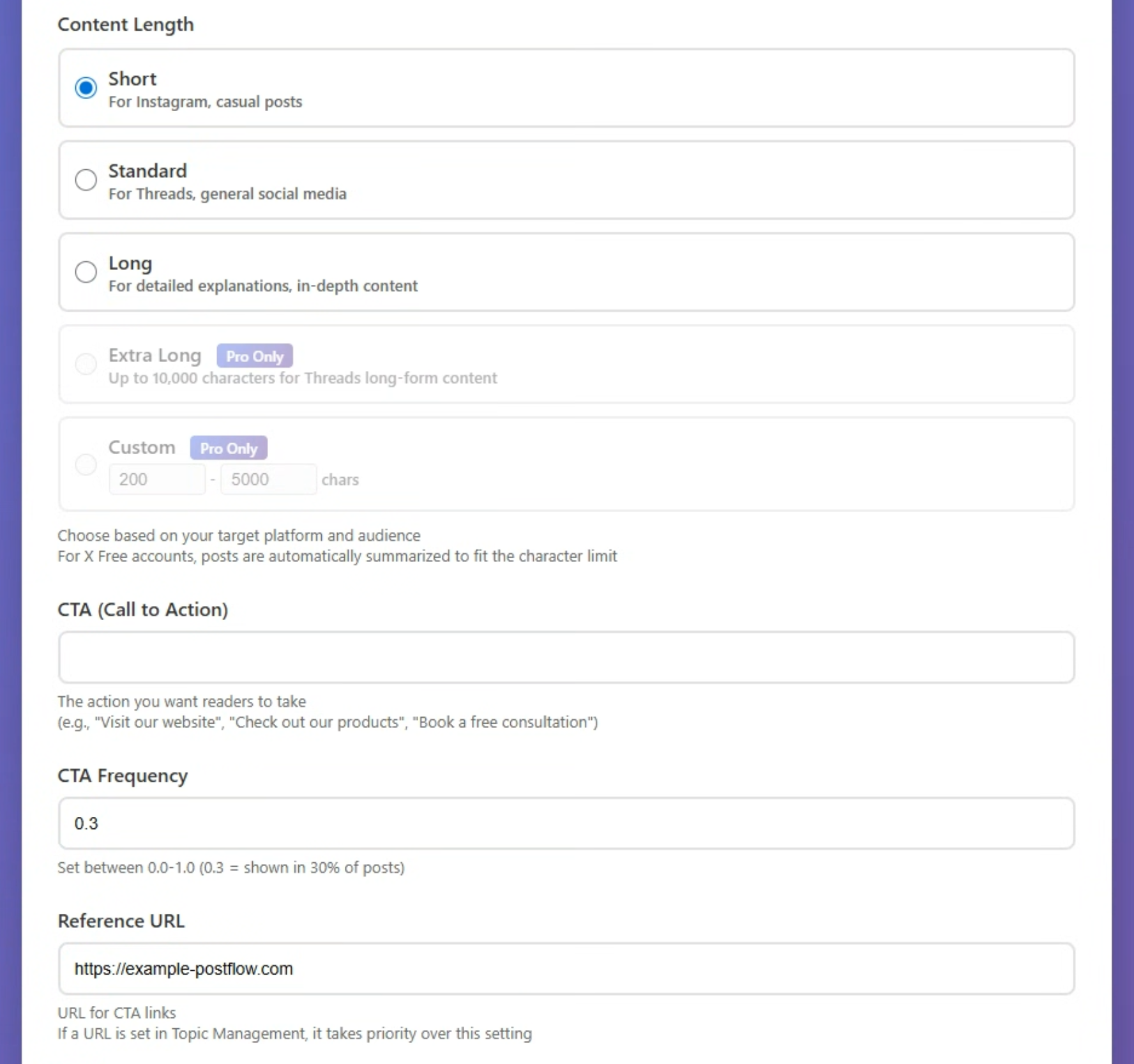 Basic Settings: Content Length, CTA, Reference URL