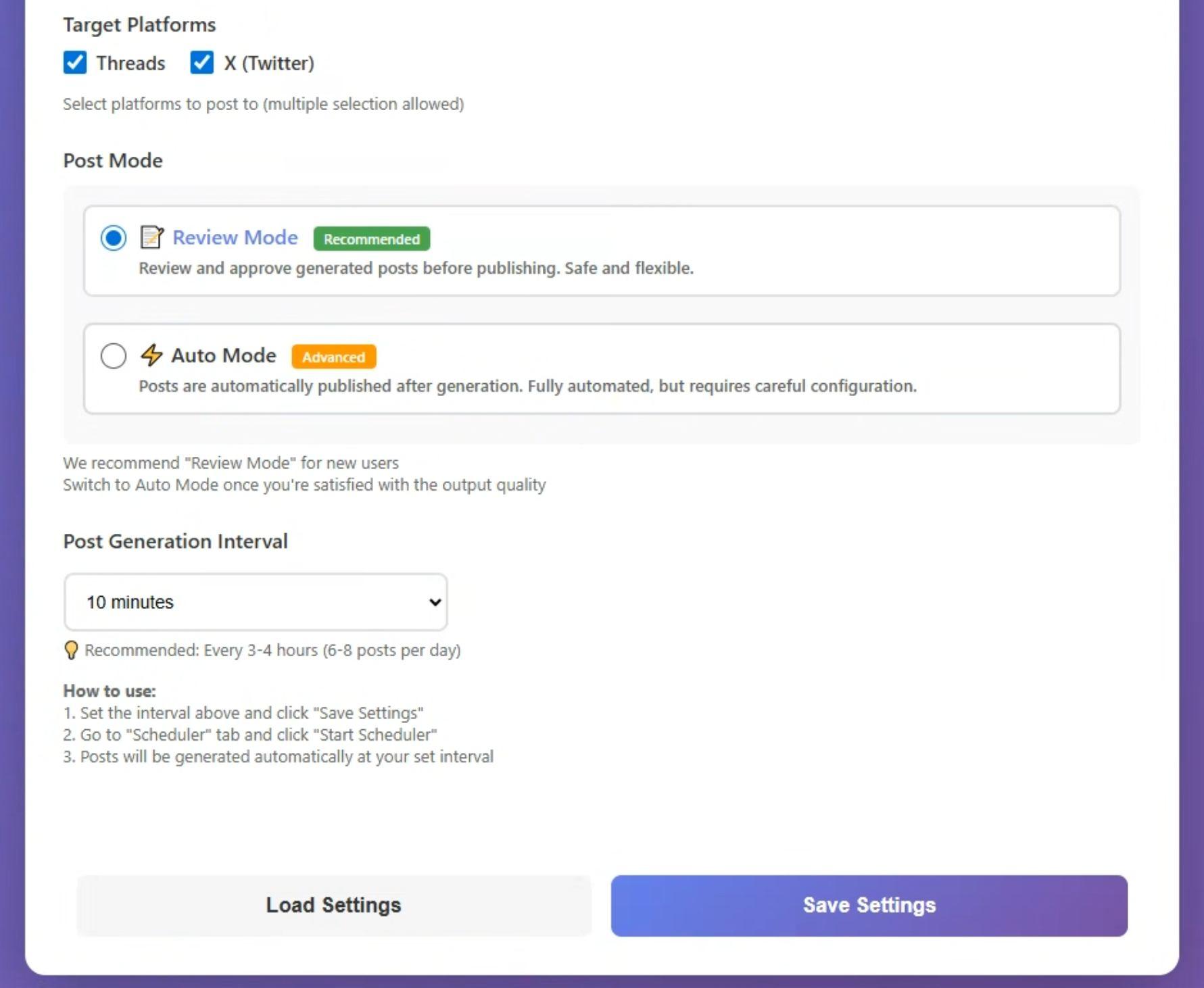 Basic Settings: Target Platforms, Post Mode, Generation Interval
