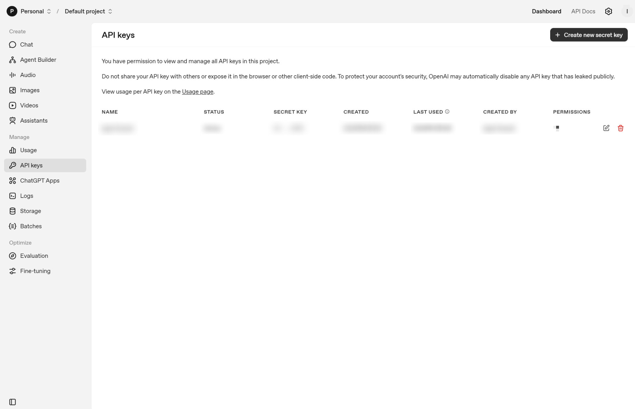 OpenAI API Keys page