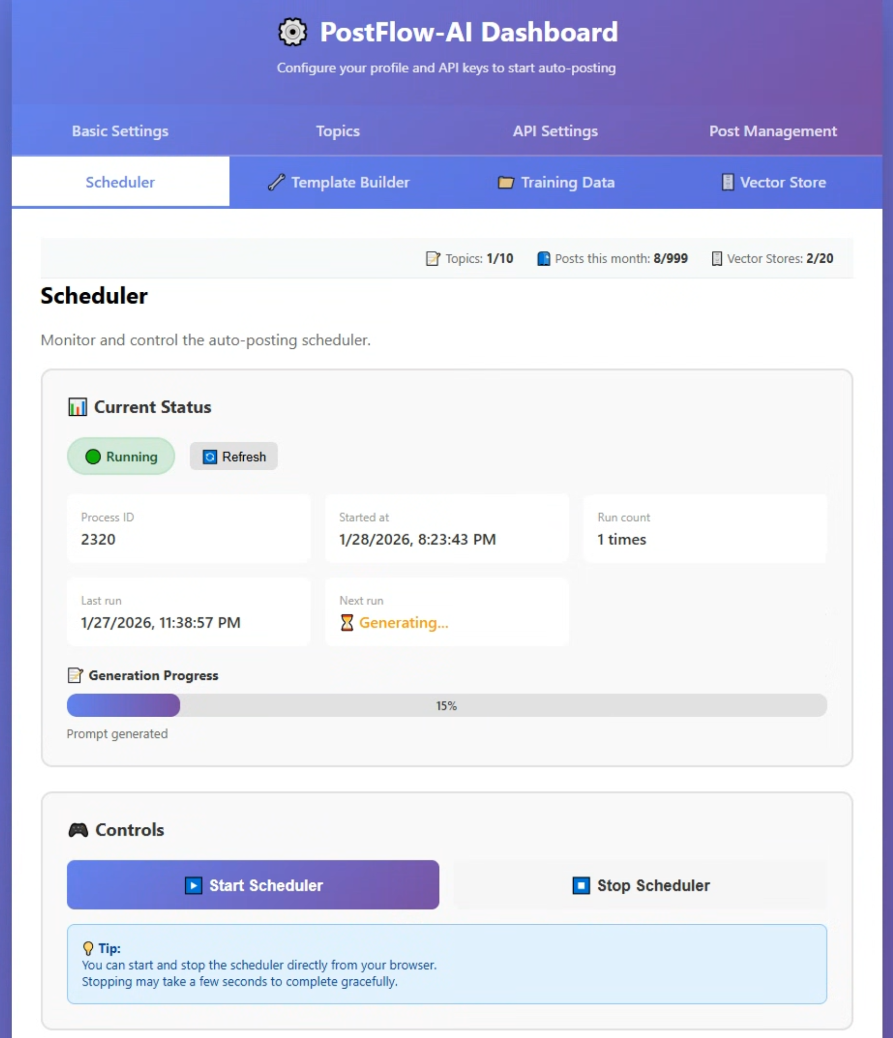 Scheduler Management tab showing Running status with progress bar