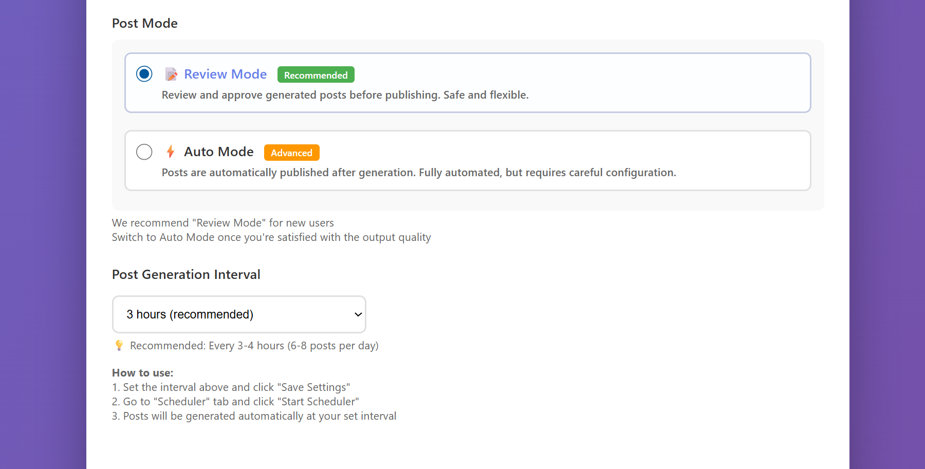 Scheduler settings and controls