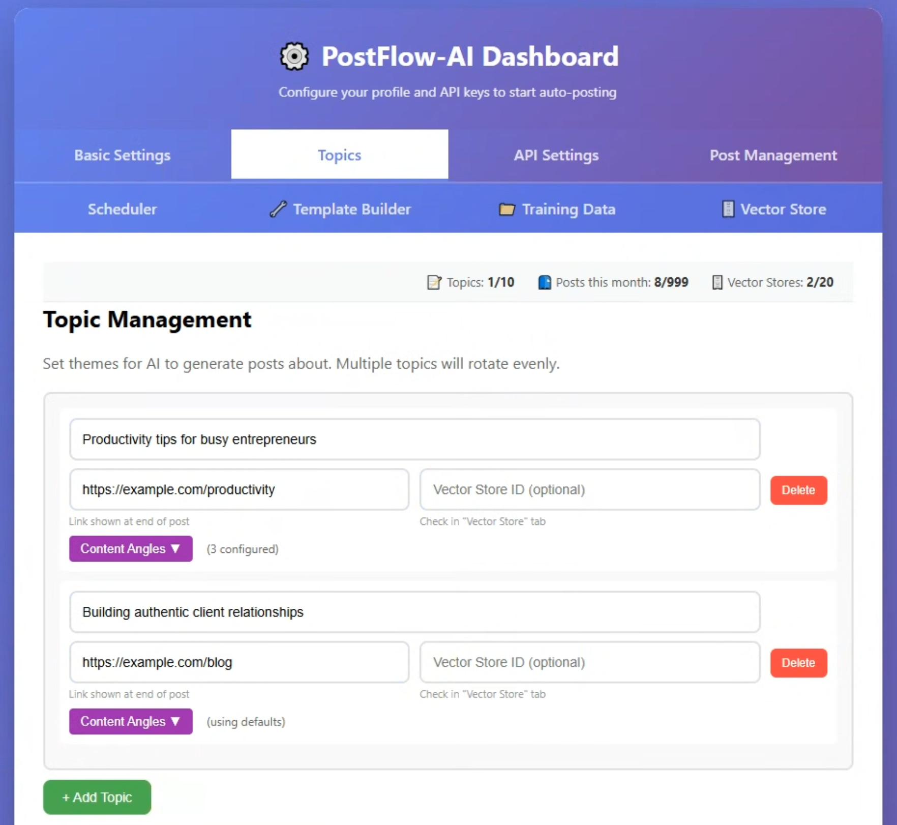 Topic Management tab with example topics added